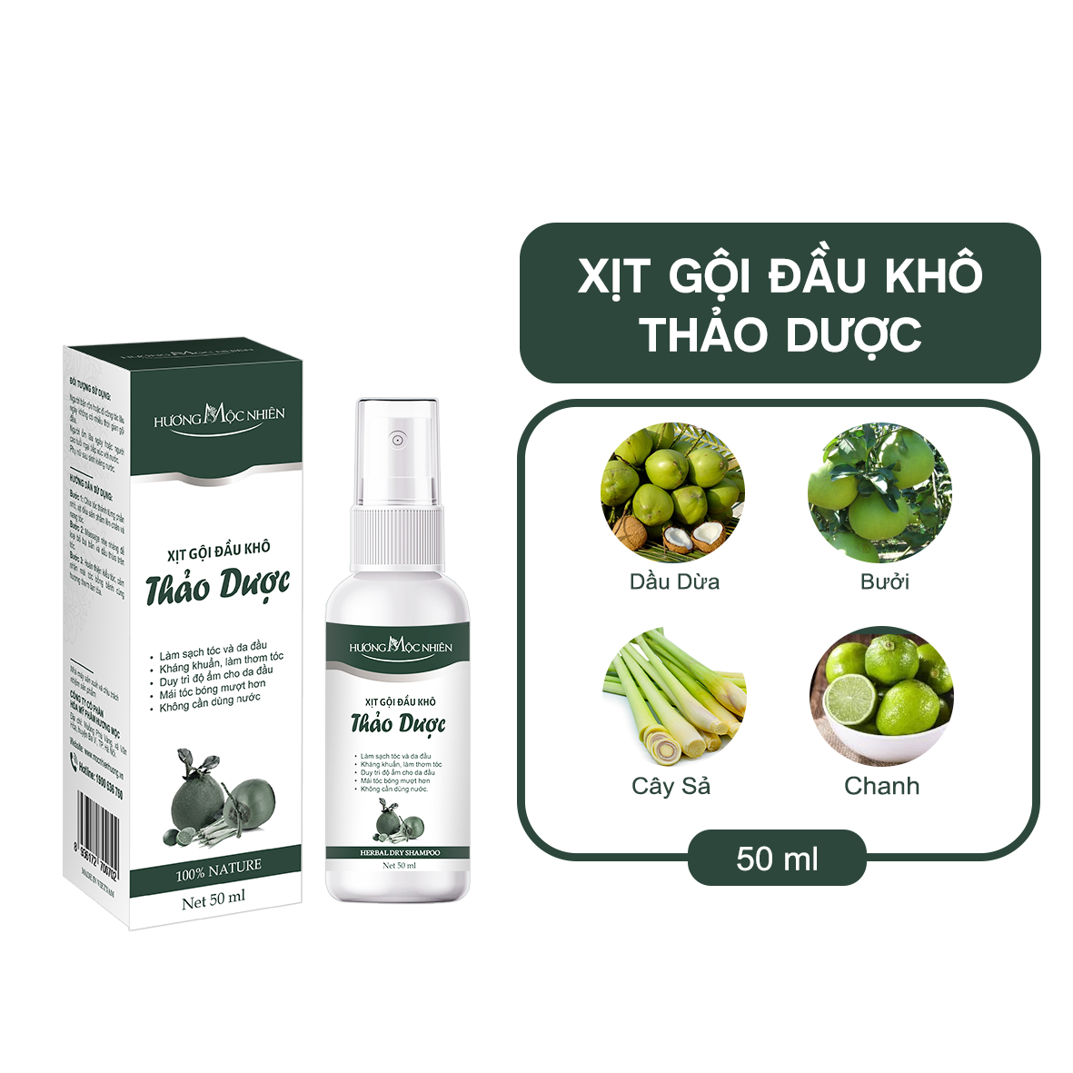 Xịt Gội Đầu Khô Tinh Chất Bưởi Hương Mộc Nhiên 50ml Cho Người Bận Rộn - Không Cần Dùng Nước, Sạch Tóc, Kháng Khuẩn, Giảm Gãy Rụng Xơ Rối Kích Mọc Tóc