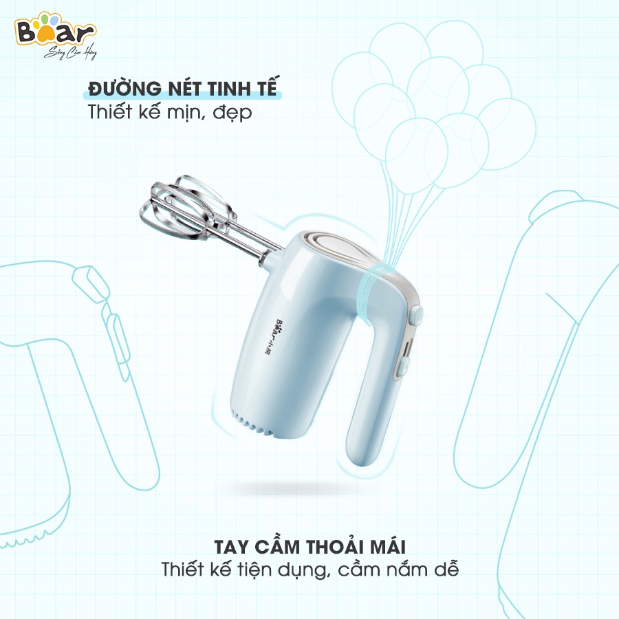 Máy đánh trứng cầm tay Bear DDQ-B02P5 5 tốc độ, làm bánh kem - Hàng chính hãng