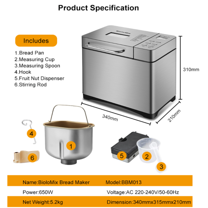Máy làm bánh mì tự động cao cấp BioloMix BBM013 công suất 650W tích hợp 17 chương trình - Hàng Nhập Khẩu