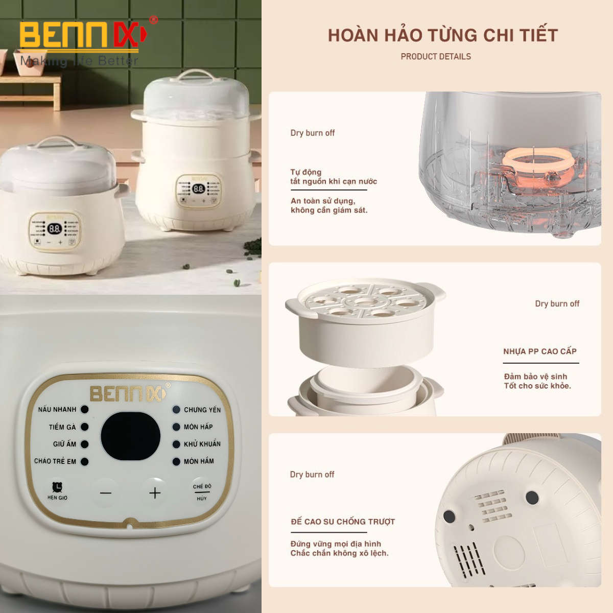 Nồi chưng yến hầm cách thủy Bennix BN-10SLC dung tích 1L kèm xửng hấp - Hàng chính hãng