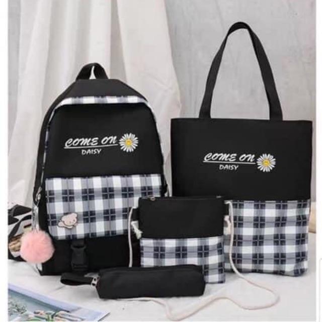 Combo 4 in 1 set balo đi học kèm túi xách ví và hộp bút thời trang kiểu mới chữ COME ON DAISY hoạ tiết hoa cúc