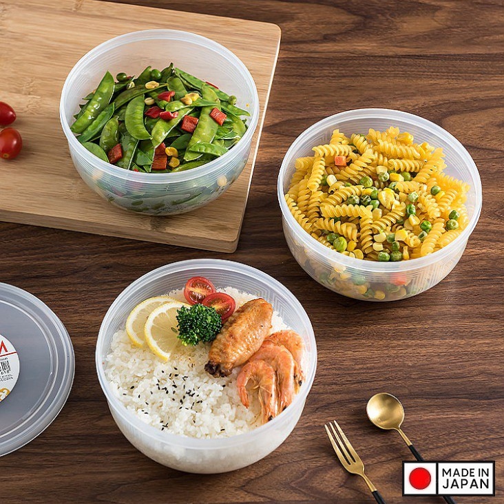 Bộ 3 hộp đựng thực phẩm sạch , đồ khô loại tròn có nắp 1.3L - Hàng nội địa Nhật