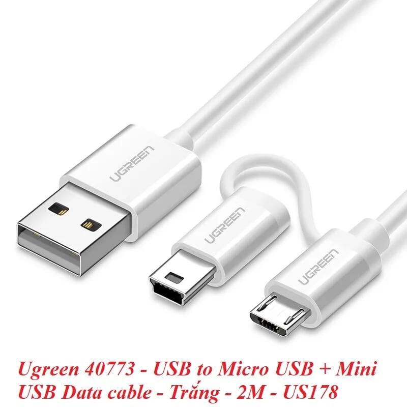 Ugreen UG40773US178TK 2M màu Trắng Cáp sạc truyền dữ liệu USB 2.0 sang MICRO USB + MINI USB - HÀNG CHÍNH HÃNG