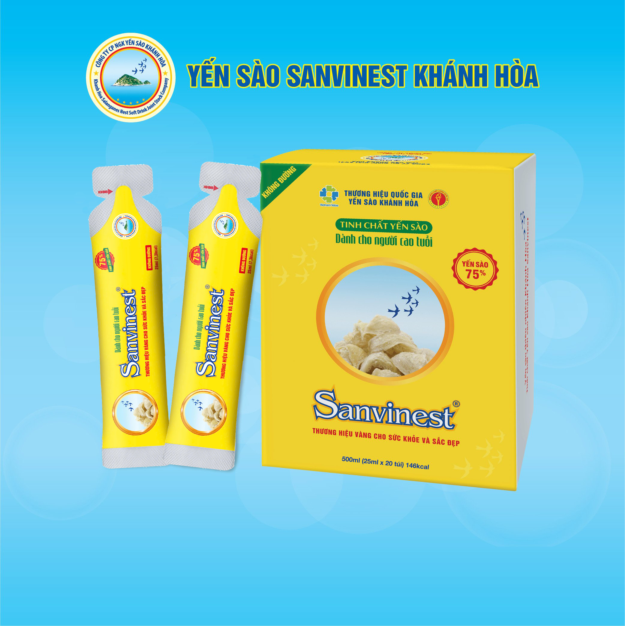 Tinh chất Yến sào Khánh Hòa Sanvinest KHÔNG ĐƯỜNG dành cho người cao tuổi Hộp 20 túi 25 ml - 515H20