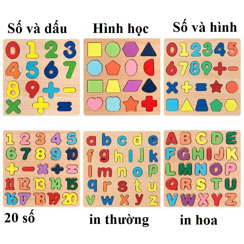Đồ Chơi Gỗ Cho Bé, Bảng Gỗ Nổi Vuông 20x20cm, Bảng Chữ Cái, Số Và Hình, Đồ Chơi Giáo Dục Sớm