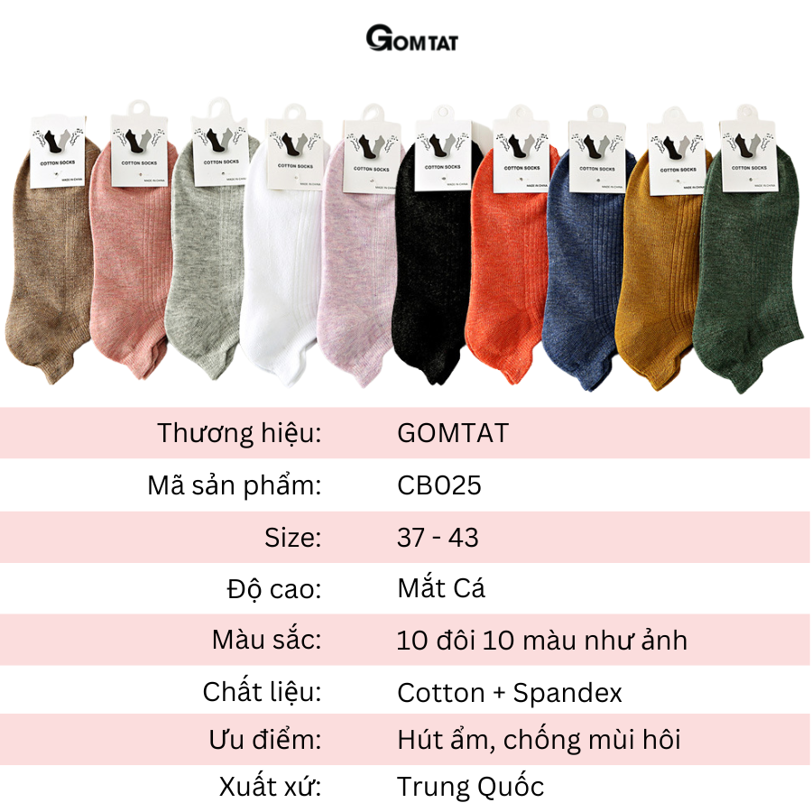 Set 10 đôi Tất cổ ngắn nam nữ chất liệu cotton cao cấp, vớ cổ thấp unisex mềm mại thoáng mát, êm chân - CB025