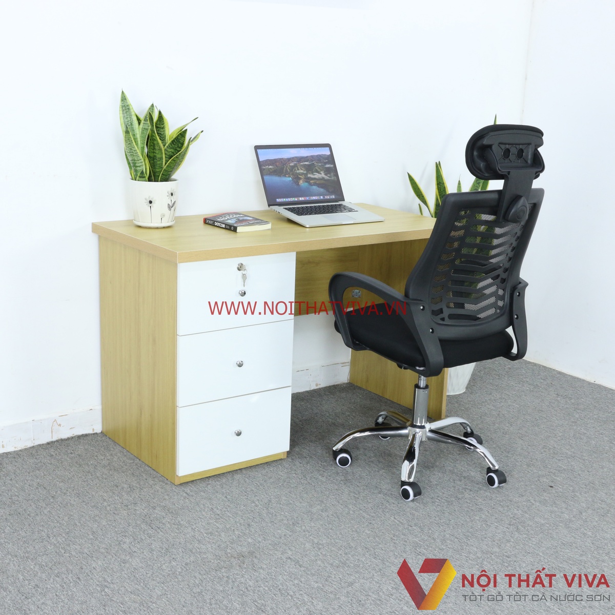 Bàn Làm Việc Gỗ MDF Melamine Màu Vàng Phối Hộc Kéo Trắng Đẹp Giá Rẻ