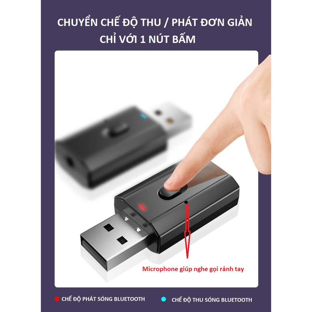 Thiết bị thu phát âm thanh Usb bluetooth 5.0 âm thanh đa chức năng jack cắm 3.5mm KitAcoom cho loa, ô tô tai nghe bluetooth, biến loa thường thành loa Bluetooth, Hàng Chính Hãng