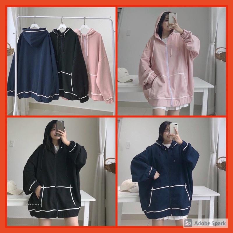 Áo Khoác Hoodie Viền Tay Bồng Nữ  Jacket form rộng có mũ màu ĐEN | HỒNG | XANH TÍM THAN Ulzzang