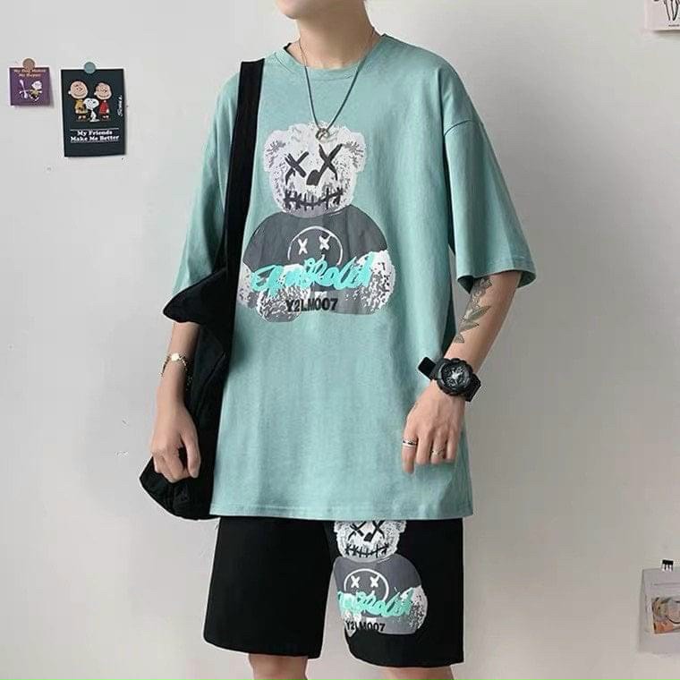 Set đồ bộ nam chất thun cotton co giản thoáng mát, thời trang đồ bộ thể thao nam, Set Bộ Quần Áo Thể Thao Nam Mùa hè Co Dãn, SÉT ĐỒ BỘ THỂ THAO MẶC NHÀ, đồ bộ mặc nhà in con gấu mặc thoải mái