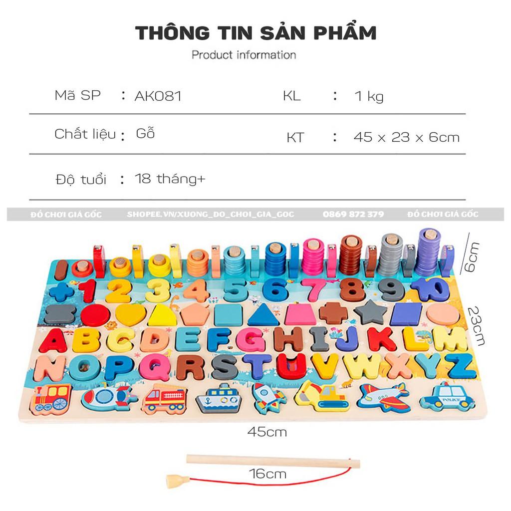 Bảng ghép hình lắp ráp thông minh 6in1 cho bé học hình kối, học chữ số, giao thông, cột tính kèm câu cá nam châm