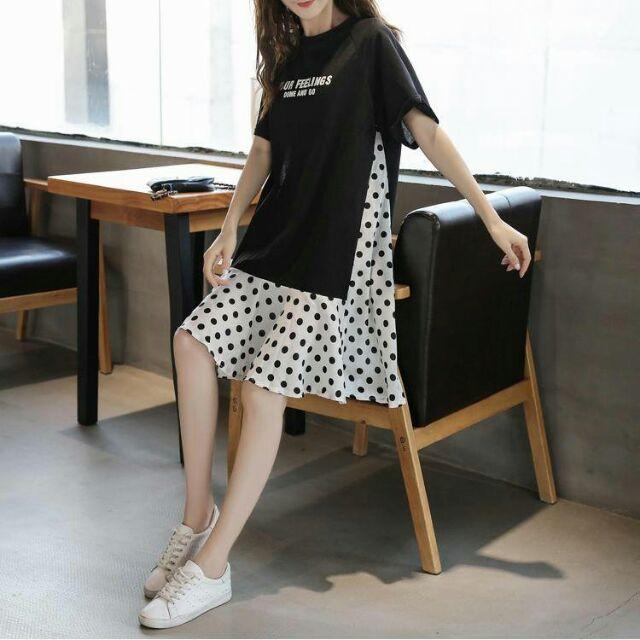 Đầm nữ dáng suông chấm bi, đầm thun nữ dáng suông