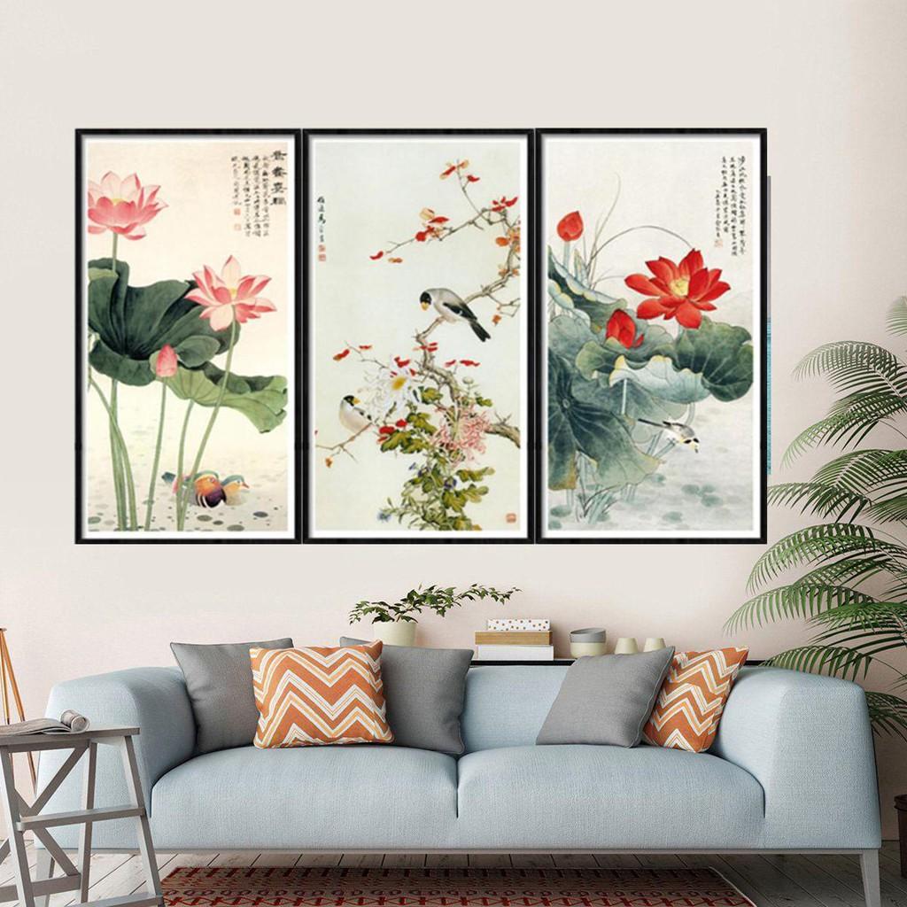 Bộ 3 Tranh Treo Tường Phong Thuỷ Hoa Sen, Liên Hoa Trước Gió ( 35 x 70cm) CV18