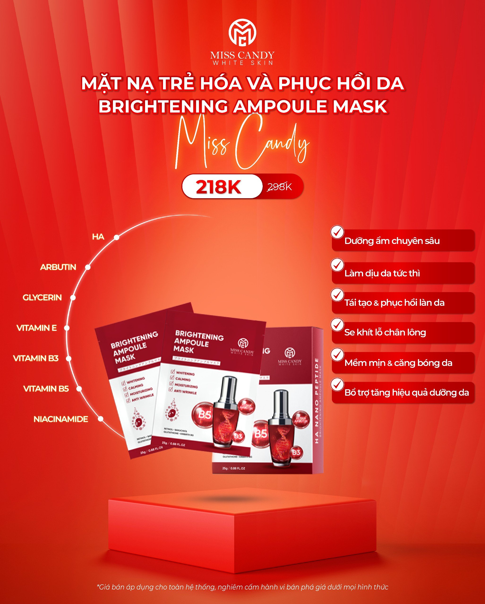 Mặt Nạ Trẻ Hóa &amp; Phục Hồi Da BRIGHTENING AMPOULE MASK Miss Candy (Hộp 5 Miếng x 25g)