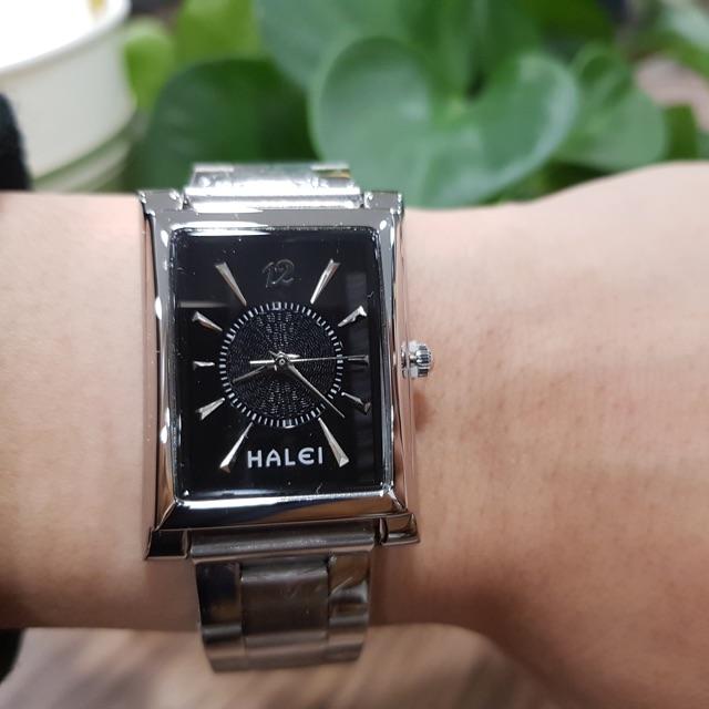 Đồng hồ cặp đôi nam nữ Halei mặt đen dây kim loại chính hãng Tony Watch 68