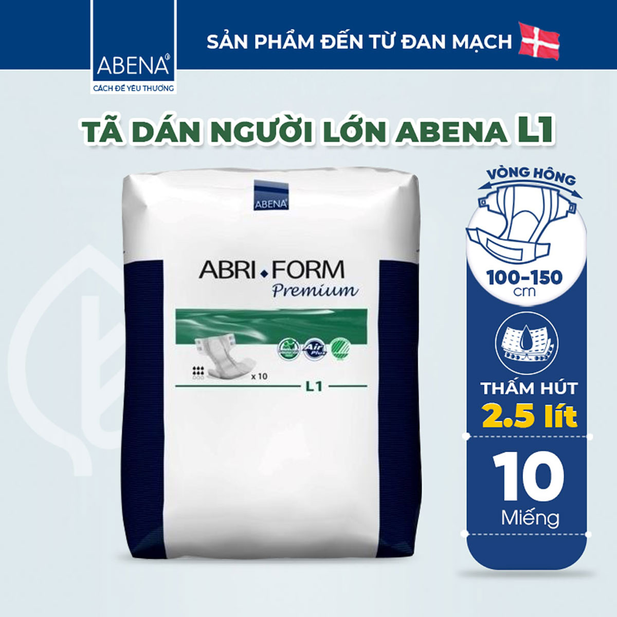 Combo 3 Bịch Tã Dán Người Lớn Abena Abri Form Premium L1 - Nhập khẩu Đan Mạch (Gói 10 Miếng)