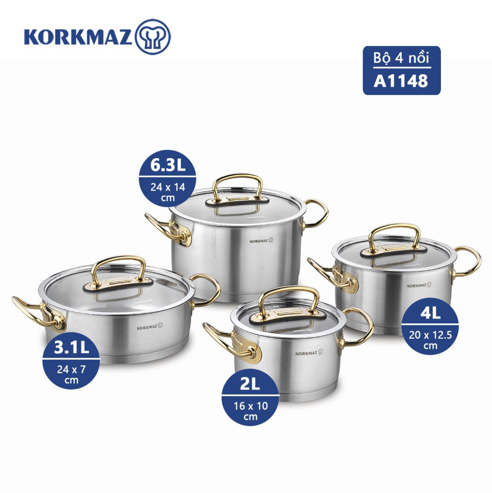 Bộ 4 nồi inox cao cấp Korkmaz Proline tay nắm màu vàng - A1148 -  Hàng Chính Hãng