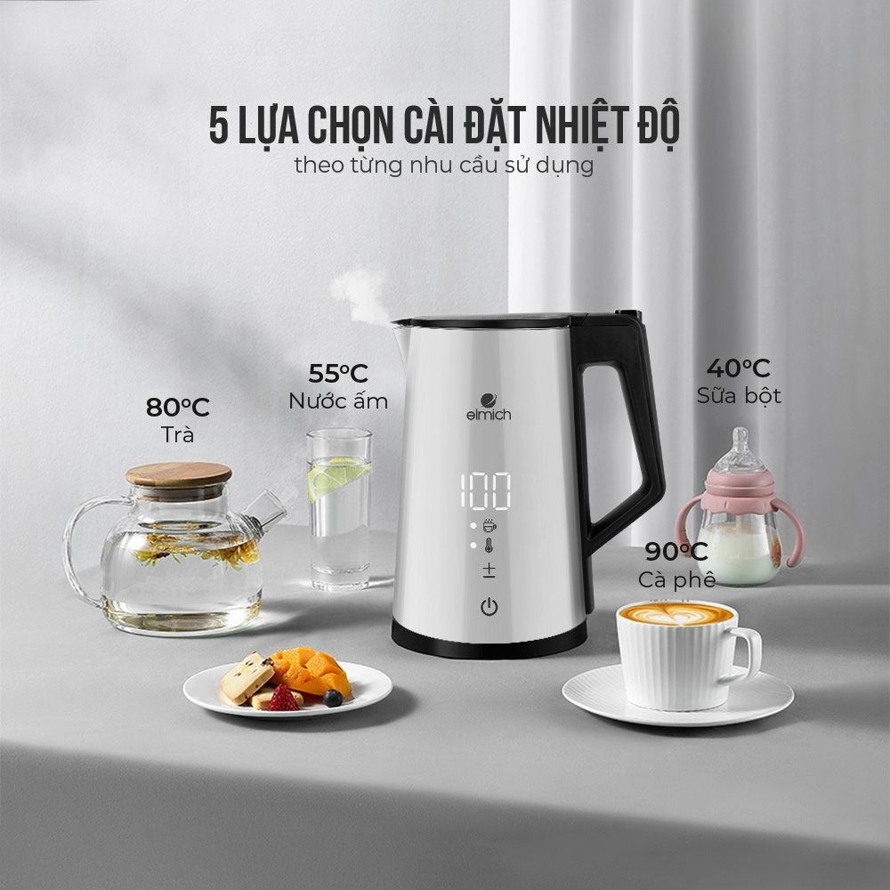 Ấm đun siêu tốc thông minh cao cấp Elmich 1,7L KEE-3856 tùy chọn mức nhiệt độ - Hàng chính hãng