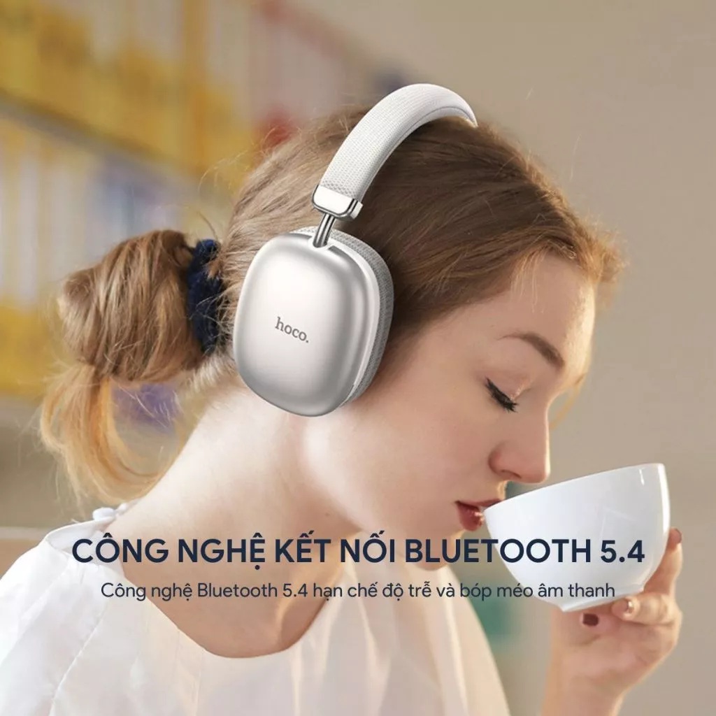 Tai nghe chụp tai Bluetooth V5.4 Hoco W55 phiên bản 90h có mic đàm thoại hỗ trợ khe cắm thẻ nhớ,cổng AUX, nghe nhạc (màu đen) - Hàng chính hãng
