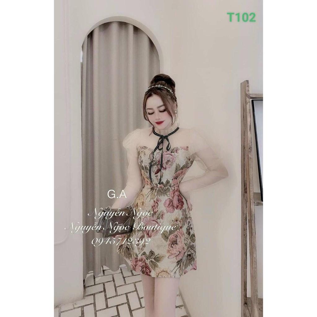 Đầm nữ phối lưới kết nơ in họa tiết sang trọng tôn dáng