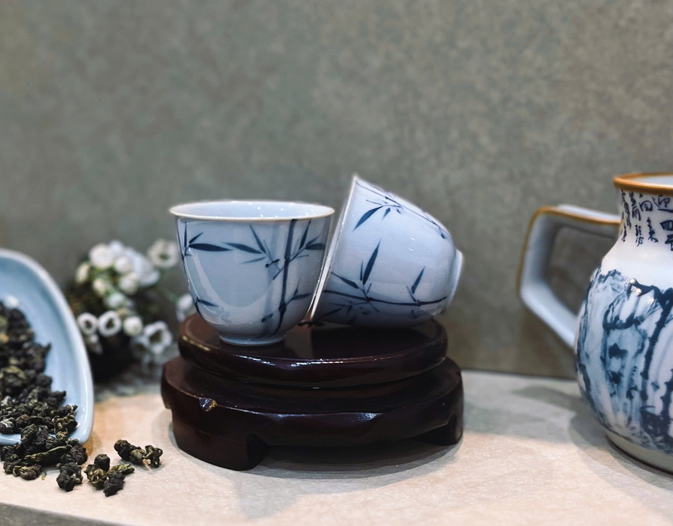 CHÉN SỨ THANH TRÚC VẼ TAY - DUNG TÍCH 50ML - CHÉN QUÂN ĐẸP - VIỆT LONG TRÀ