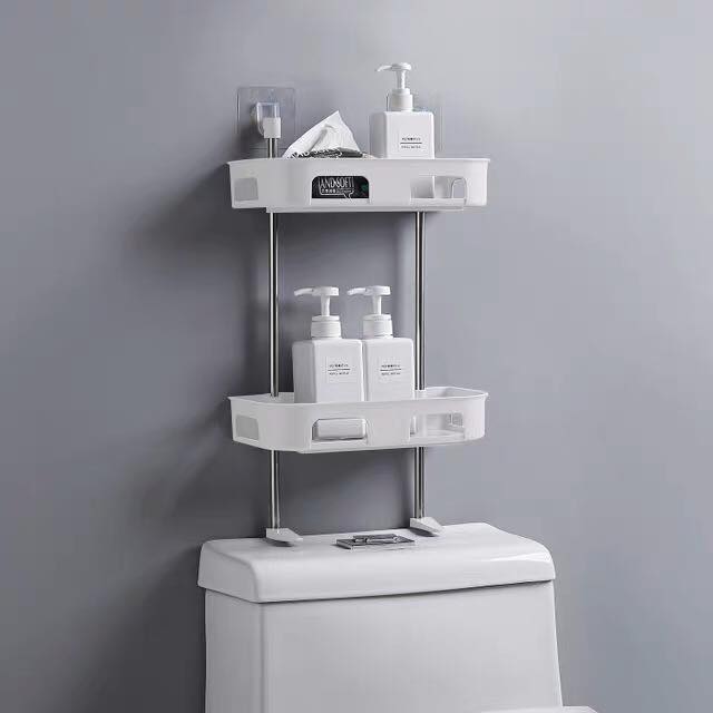 Kệ nhà tắm 2 tầng, áp tường bằng loại miếng dán cường lực mắc cài.