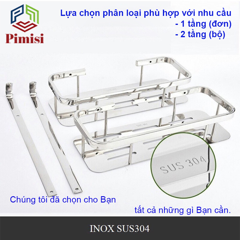 Kệ nhà tắm để đồ gắn tường phẳng thẳng hay để góc không cần khoan Pimisi inox 304 hình chữ nhật đựng đồ trong phòng tắm hoặc kệ nhà bếp 1 - 2 tầng thông minh dán tường bằng keo siêu chắc hoặc khoan đinh vít | Hàng chính hãng