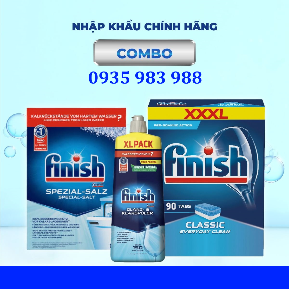 Combo Viên rửa bát Finish 77 Viên + Muối Finish 1.2kg + Nước làm bóng bát Finish 750ml