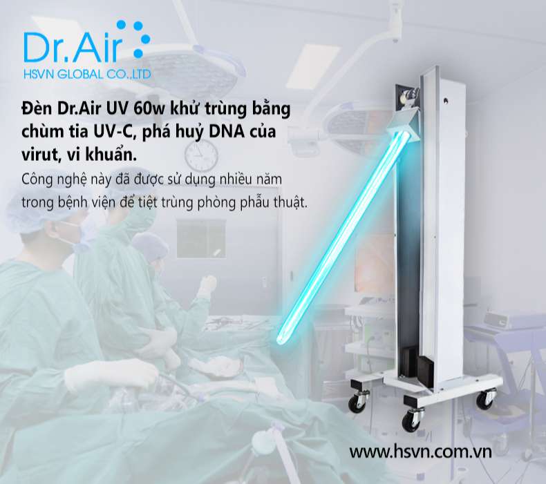 Đèn UVC khử trùng phòng di động Dr.Air UV 60W kèm điều khiển từ xa, cho phòng &amp;lt;60m2-Hàng Chính Hãng