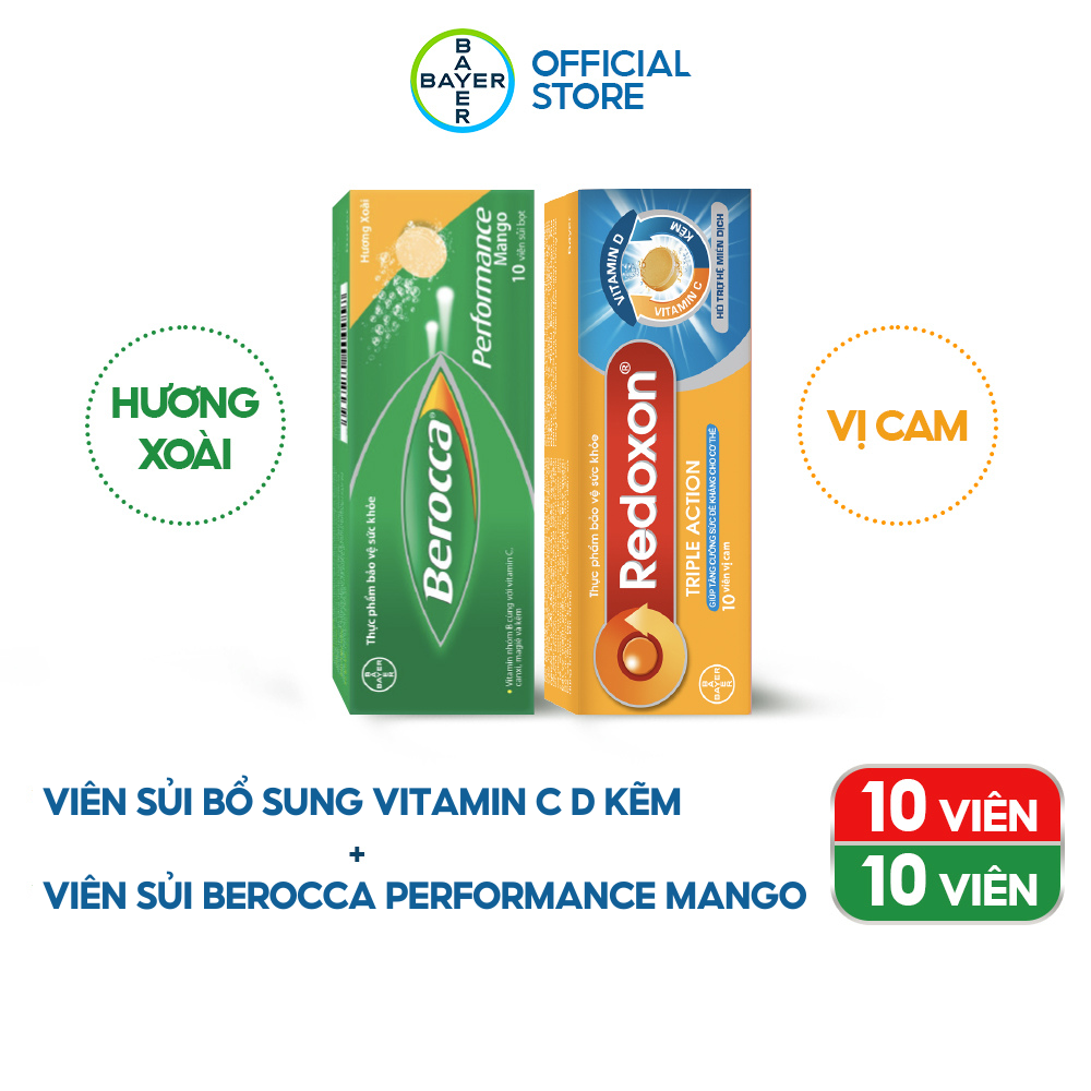 Combo Viên Sủi Bổ Sung Vitamin C, D, Và Kẽm Redoxon Triple Action 10 Viên & Viên Sủi Bổ Sung Vitamin Berocca Performance Mango 10 Viên