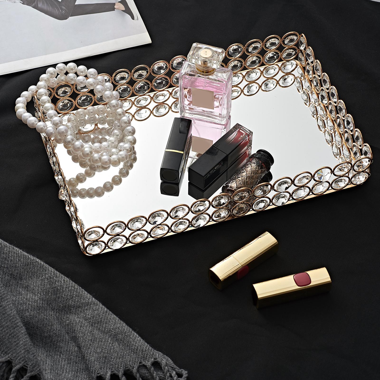 Decorative Makeup Vanity Trays Crystal Mirrored Cosmetic Jewelry Trinket Ornate Perfume Plate for Dresser - 3 Sise