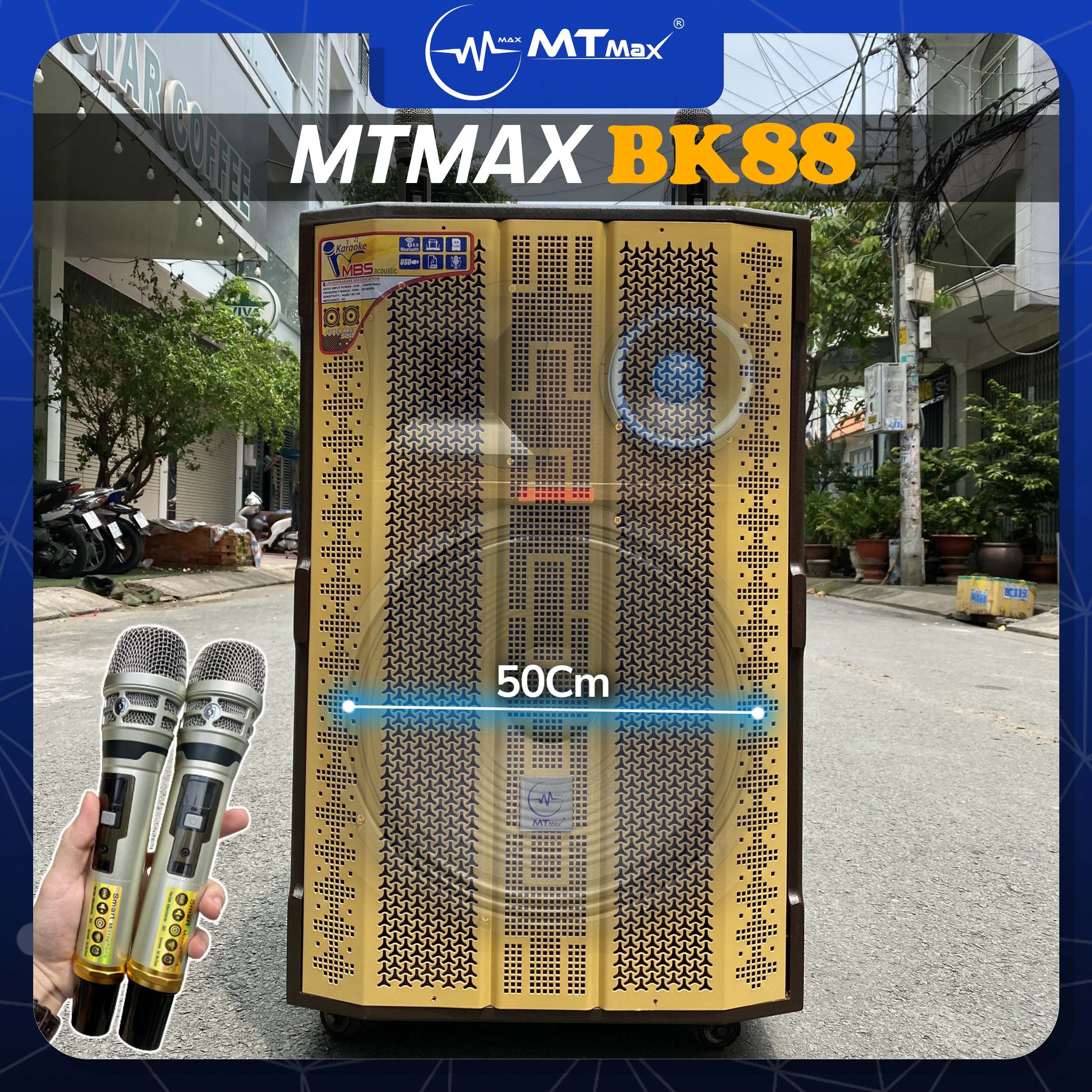 Loa kéo di động MTMax BK88 - Dàn karaoke ngoài trời bass 5 tấc 1 mid 1 treble - Loa khủng long công suất theo nhà sản xuất đến 1000W - Kèm 2 micro không dây UHF - Đầy đủ kết nối Bluetooth, AV, USB, SD card, TWS hàng chính hãng