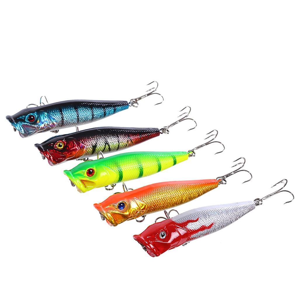 5pcs Artificial Fishing Topwater Floating Popper Lures Treble Hook Hard Bait Crankbait
