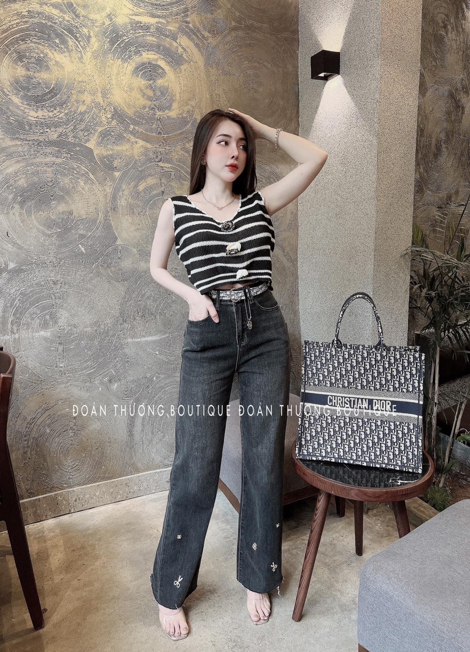 Áo len sát nách kẻ đính hoa Quảng Châu cho nữ LS_AL084