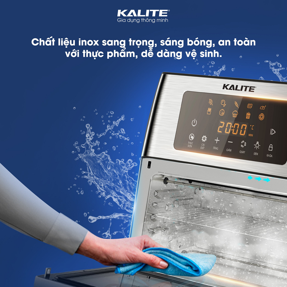 Nồi chiên không dầu Kalite KL 1500, dung tích 15L, công suất 1700W, dải nhiệt 40-200 độ, bộ phụ kiện xiên quay, giỏ lồng quay đa dạng, setup sẵn 10 chức năng nấu, hàng chính hãng