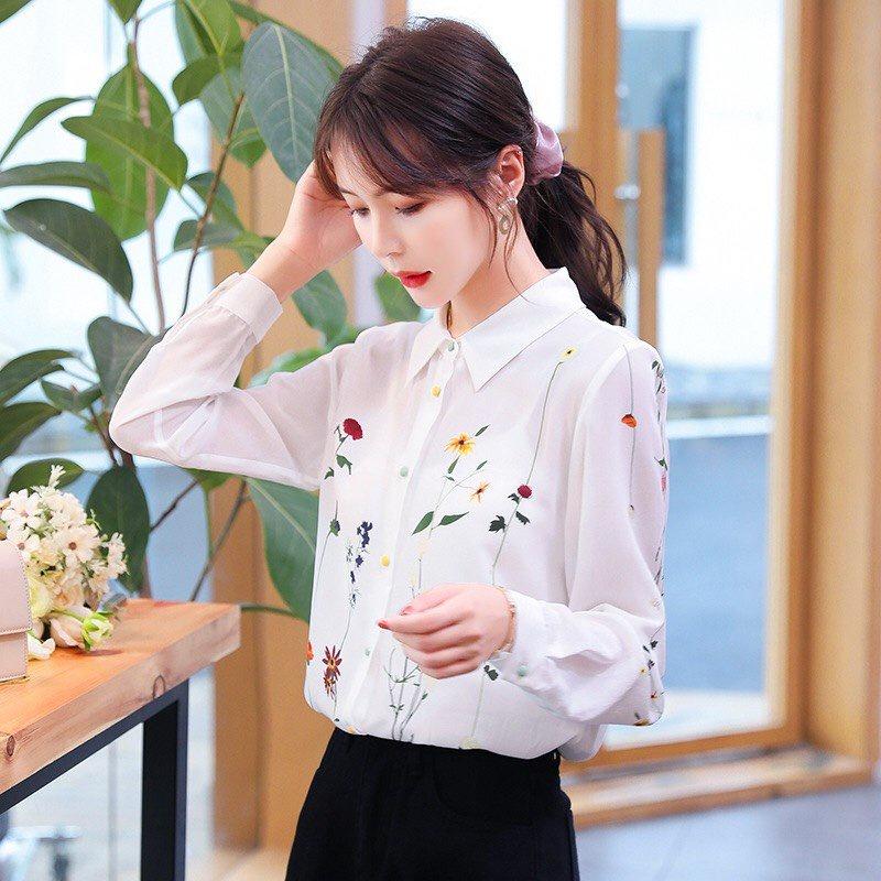 Áo Sơ Mi Nữ Tay Dài Công Sở Phối Họa Tiết Hoa Nhỏ Phong Cách Hàn Quốc Thời Trang EMEY LUXURY Cực Hot