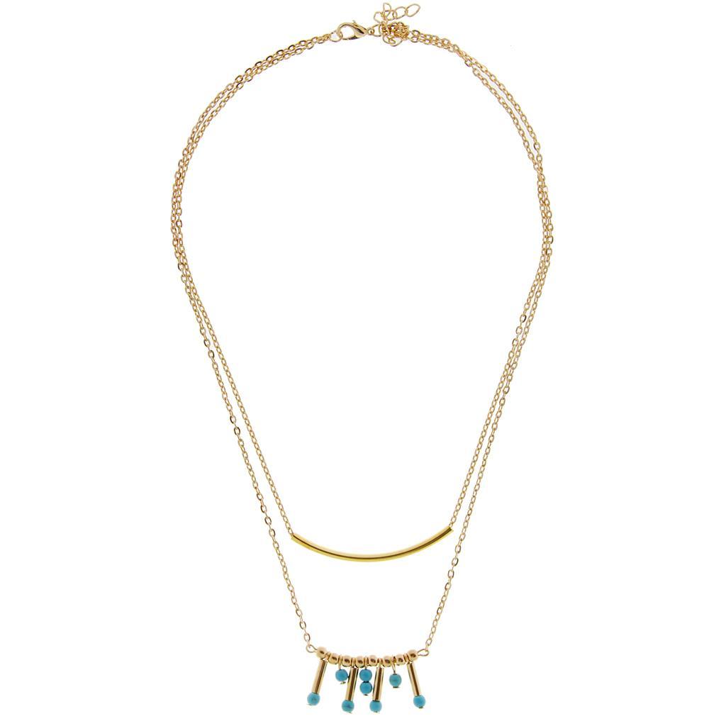 Double Layer Gold Necklace Chain With Turquoise Tube Bead Pendant Charm