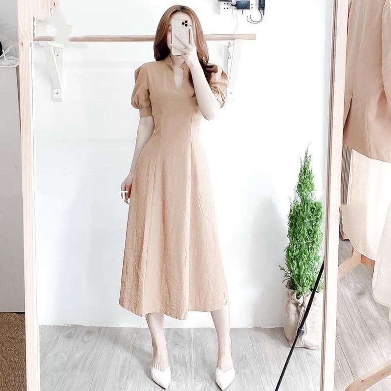 Đầm cổ trụ form dài 2 màu