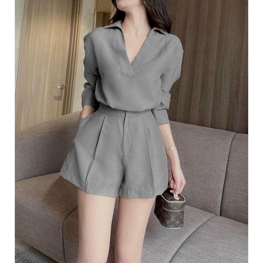 Sét bộ thời trang nữ áo sơ mi cổ V tay dài phối quần đùi đa dạng màu sắc .