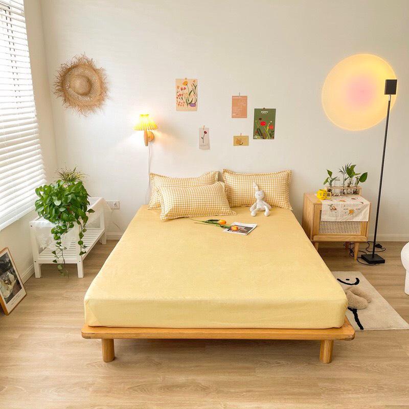 Bộ chăn ga gối Cotton poly M2T bedding, vỏ chăn mền, drap ga giường và 2 vỏ gối nằm,Pl roma vàng