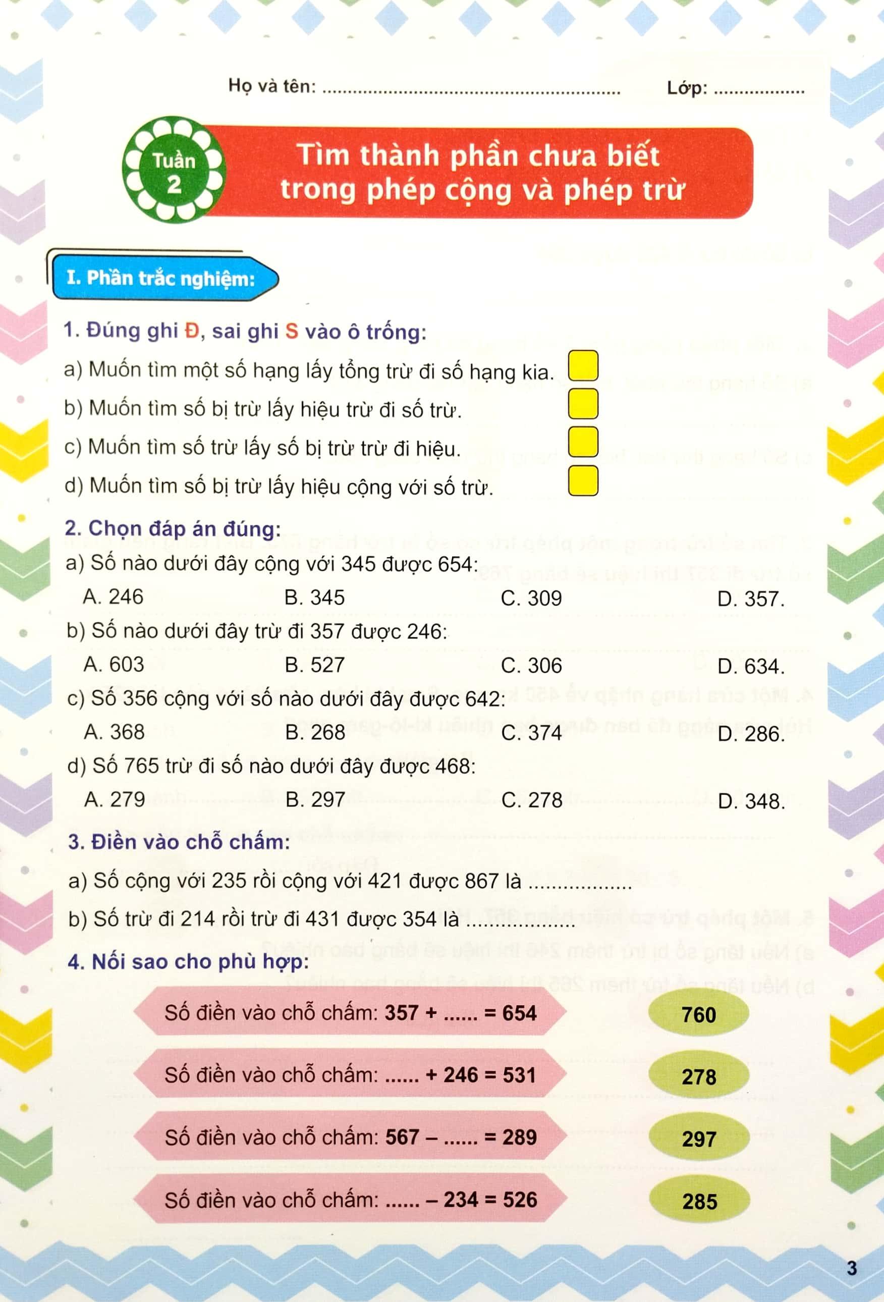 Phiếu Ôn Tập Cuối Tuần Môn Toán Lớp 3