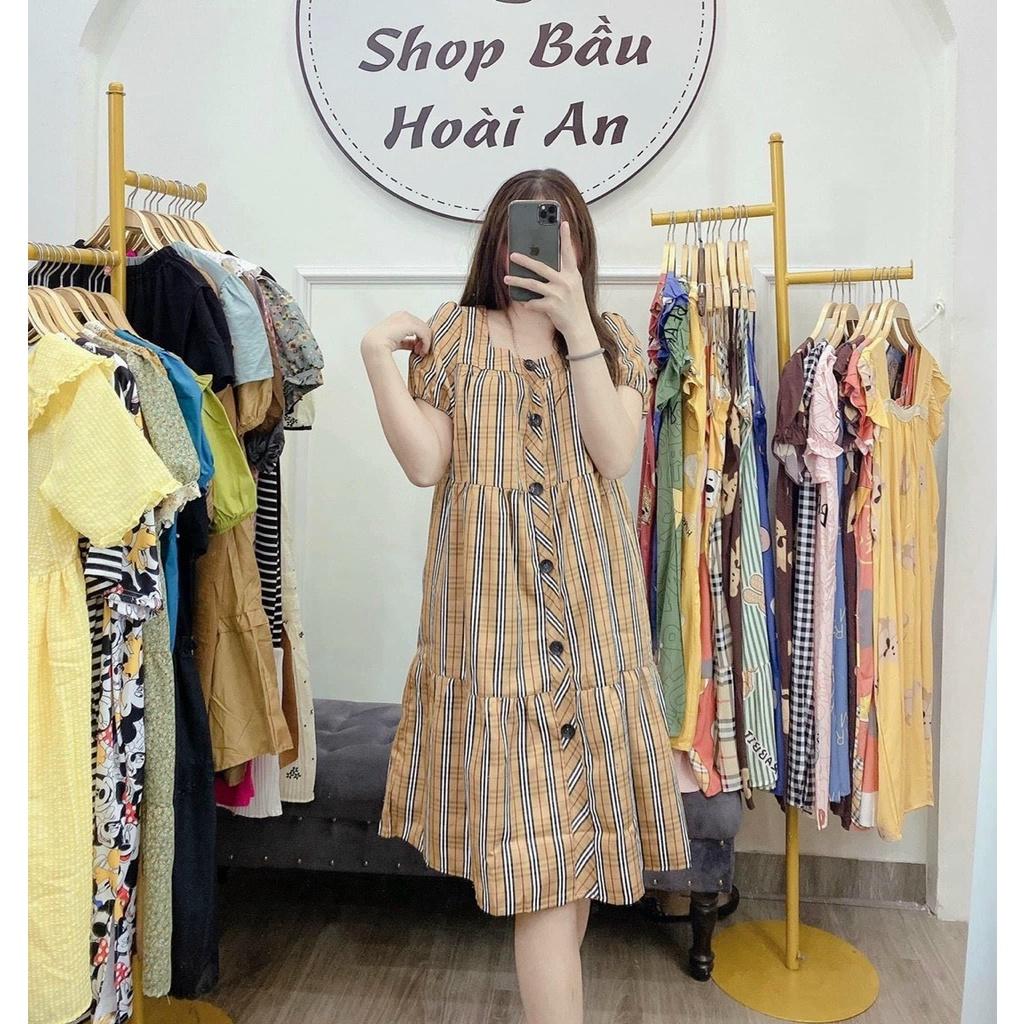 Váy bầu kẻ sọc caro- Đầm cổ vuông tay cộc chất thô đẹp sang chảnh