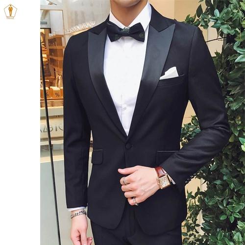 Bộ set vest nam Tuxedo TRAZ màu đen trắng form ôm body kiểu cổ sam (áo vest+quần)