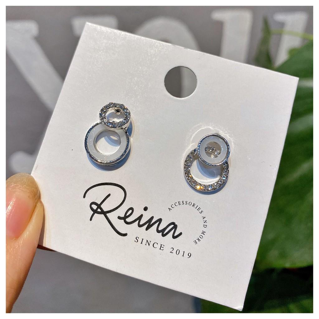 Khuyên tai nữ phong cách hàn quốc Zircon hình tròn bất đối xứng vàng ánh bạc Reina đính hạt cao cấp