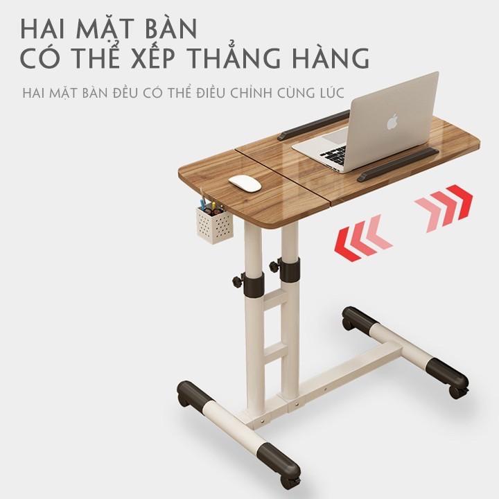 Bàn Laptop Di Động Thông Minh nâng hạ chiều caoMặt bàn vân gỗ điểu chỉnh độ nghiêng kèm giỏ bút, có bánh xe