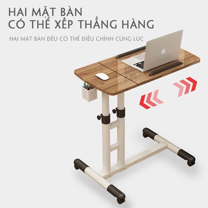 Bàn Laptop Di Động Thông Minh nâng hạ chiều caoMặt bàn vân gỗ điểu chỉnh độ nghiêng kèm giỏ bút, có bánh xe