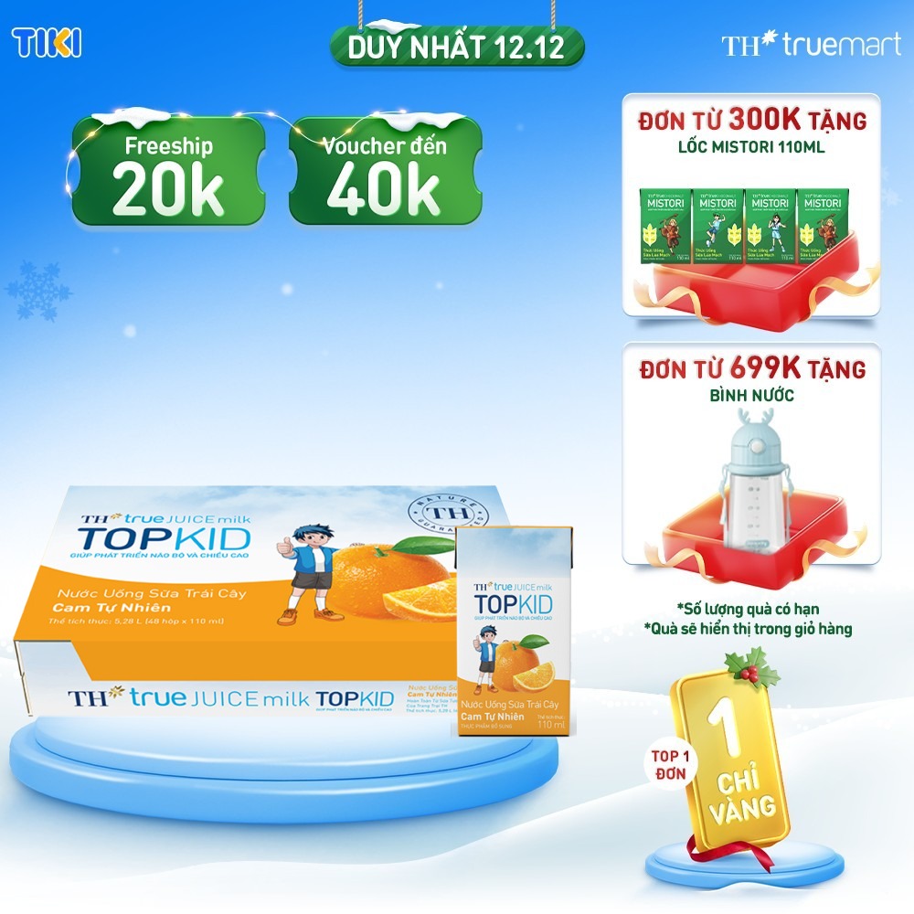 Thùng 48 hộp sữa trái cây TOPKID hương cam tự nhiên TH True Juice Milk 110ml