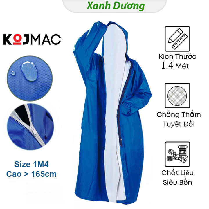 Bộ Áo Mưa Có Dây Khóa Kéo Vải Dù Da Cá Tổ Ong KOJMAC GDA218 Raincoat Fashion – Hàng Chính Hãng  Loại Chui Một Đầu 1 Người Lớn Bít Kín Không Xẻ Tà, Thời Trang Mang To Cho Nam Nữ, Chống Nước Đi Mưa Tản Bộ Xe Máy  – Xanh dương – 1M4 Cao >165cm