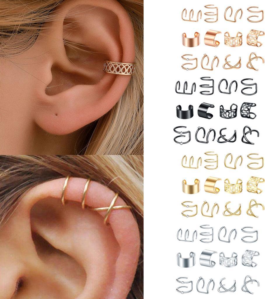 12 Pairs Ear Cuff Helix Ear Clip On Wrap Earrings Unisex Silver Black