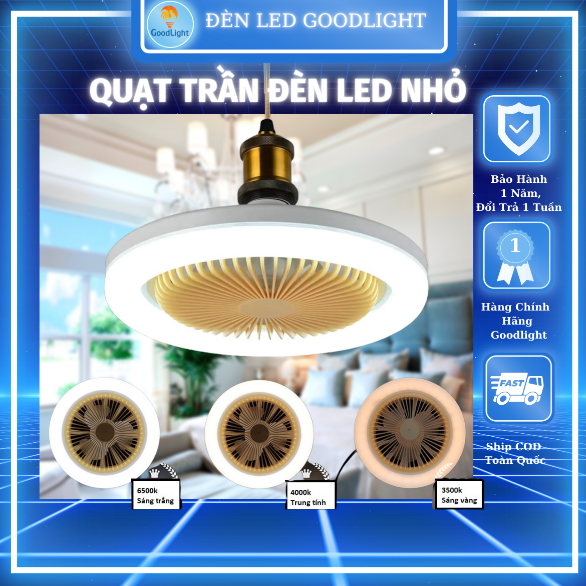 Quạt Trần Đèn LED Nhỏ 9,8 inch gắn đuôi E27 điều chỉnh im lặng 30W cho phòng khách phòng ngủ trẻ em